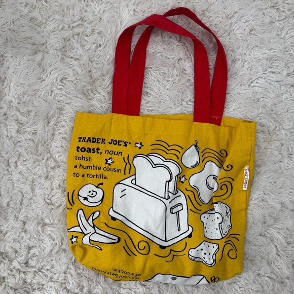 Trader Joe’s Waffle & Toast Yellow Tote Bag with Red Handles Reusable - Picture 3 of 9